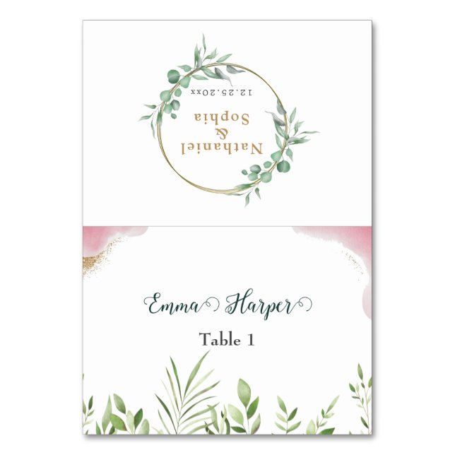 Tarjeta de Nombre de Invitado de Boda con Verde Do (Anverso)