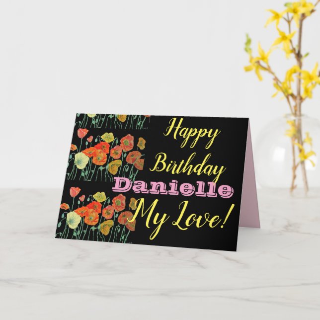 Tarjeta de nombre de naranja Black Poppy Happy Bir (flor amarilla)