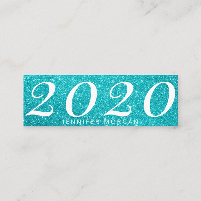 Tarjeta de nombre de purpurina turquesa de graduac (Anverso)