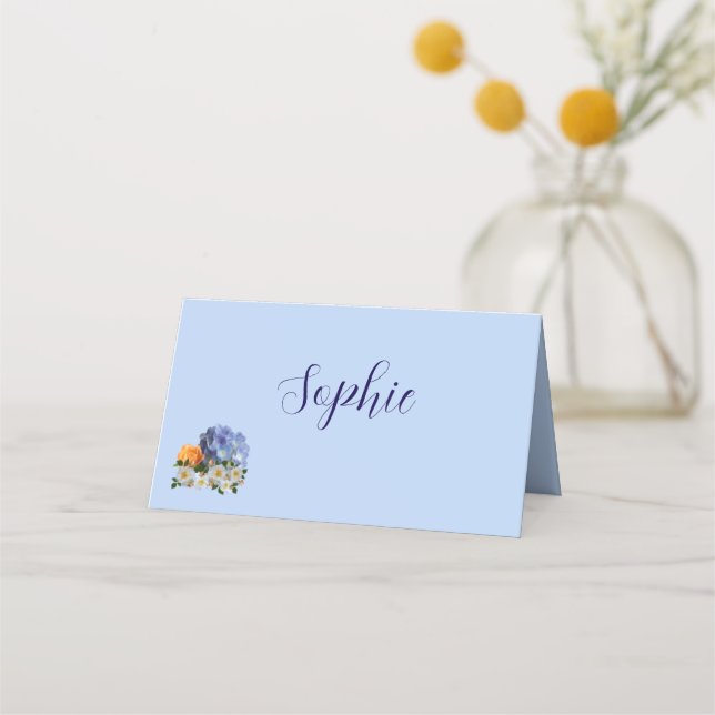 Tarjeta de nombre de tabla boda de tema floral azu (Anverso)