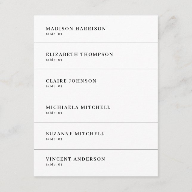 Tarjeta de nombre de tabla moderna de Boda blanco  (Anverso)