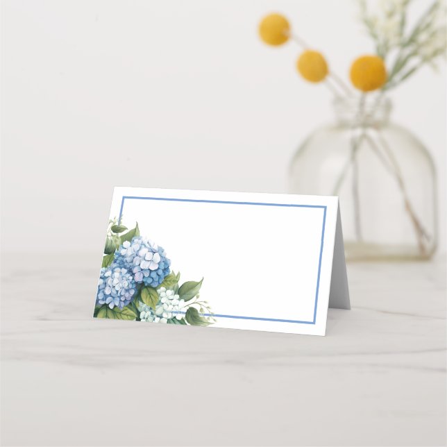 Tarjeta de Nombre Doble - Hortensias Azules (Anverso)