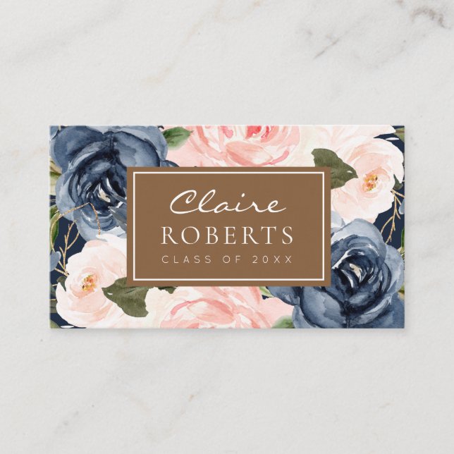Tarjeta de nombre floral azul moderno (Anverso)