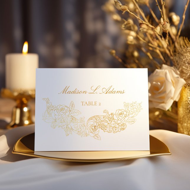Tarjeta de nombre plegable Gold Classic Ornament (golden rococo ornament illustrations for a baroque wedding seating table name escort card)