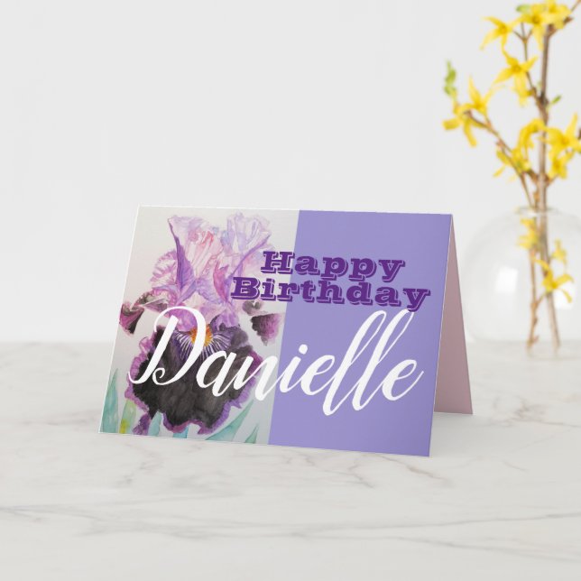Tarjeta de nombre Purple Iris Flower Happy Birday  (flor amarilla)