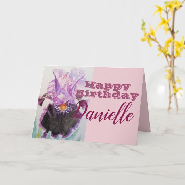 Tarjeta de nombre Purple Iris Flower Happy Birday  (flor amarilla)