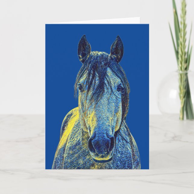 Tarjeta de nota artística de dulce caballo en azul (Anverso)