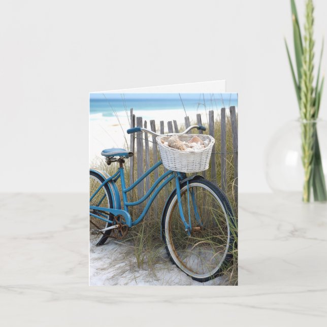 Tarjeta de nota Bicicleta azul con conchas marinas (Anverso)