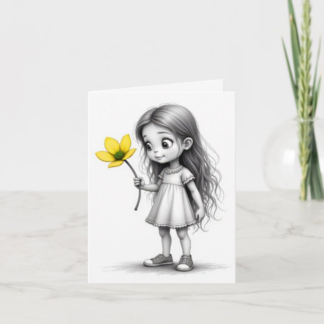 Tarjeta de nota Chibi Child con flor amarilla (Anverso)