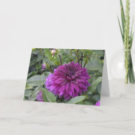 Tarjeta de nota con dalia violeta en el jardín