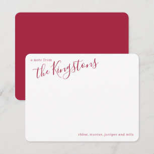 Tarjeta de nota con guión de apellido escarlata