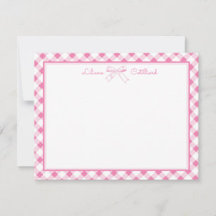Tarjeta de nota con lazo rosa dulce y gingham