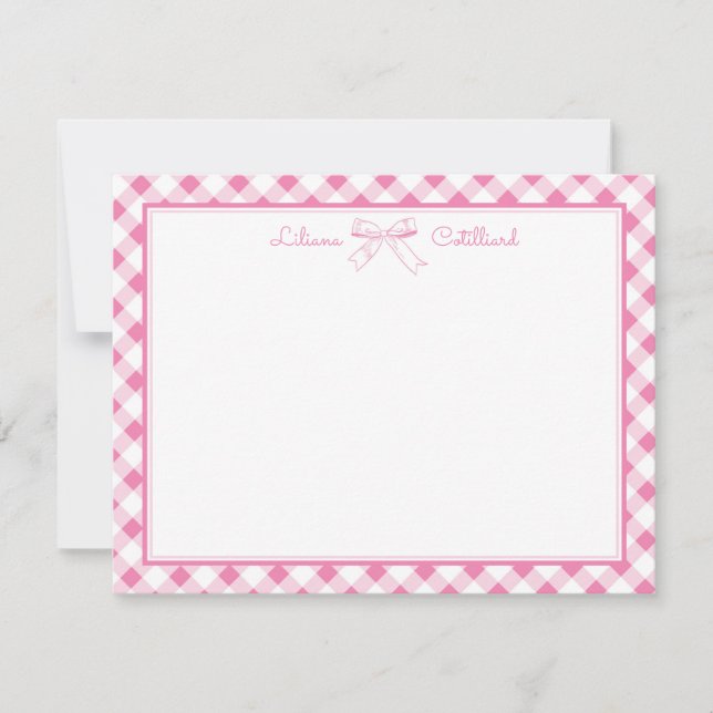 Tarjeta de nota con lazo rosa dulce y gingham (Anverso)