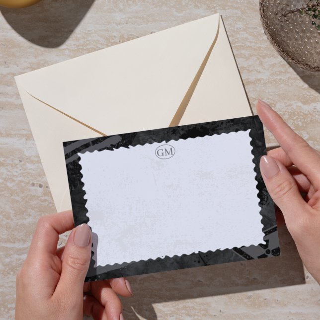 Tarjeta de nota con monograma de borde blanco y ne (Minimalist Black & White Border Monogram Note Card)