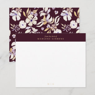 Tarjeta de nota con monograma de oro floral de Bor