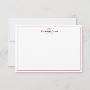 Tarjeta de nota con monograma negro rosa moderno