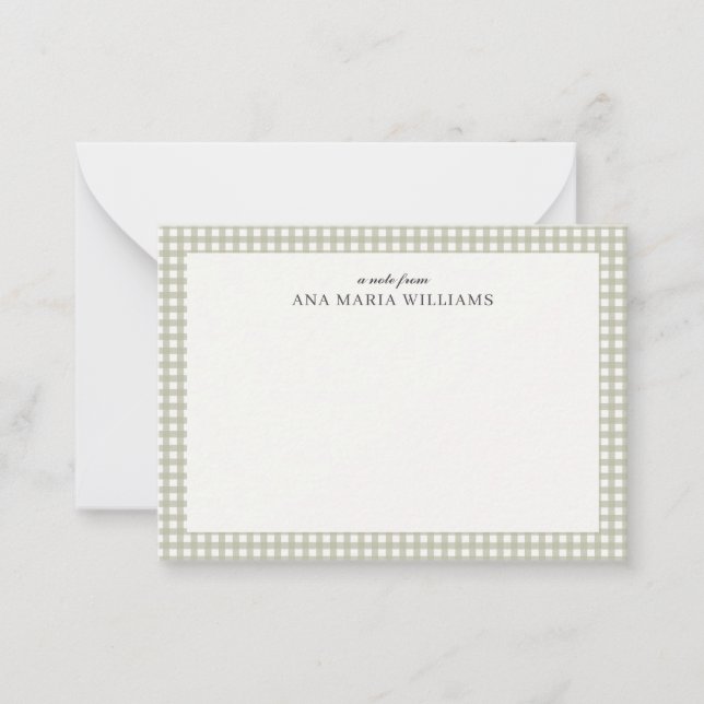 Tarjeta de nota con nombre de gingham verde salvia (Anverso)