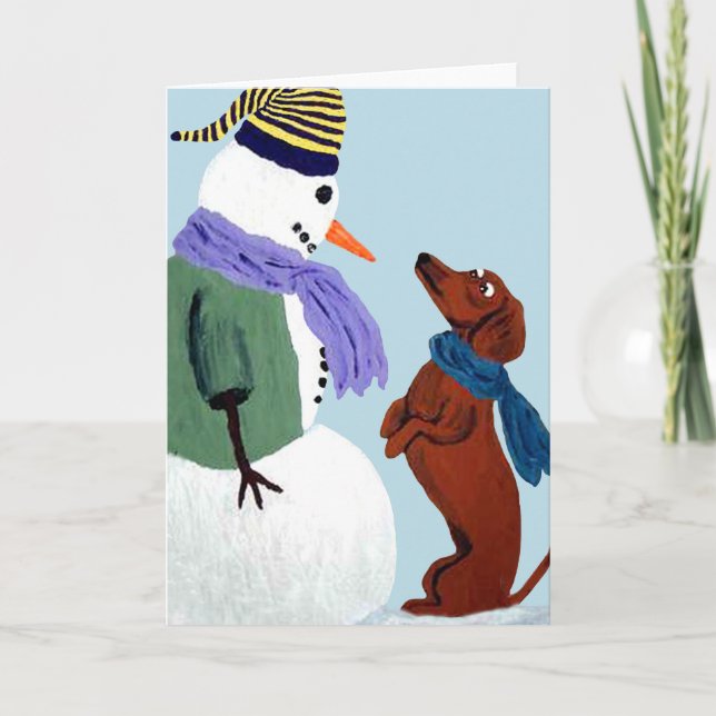 Tarjeta De Nota Dachshund Y Snowman (Anverso)