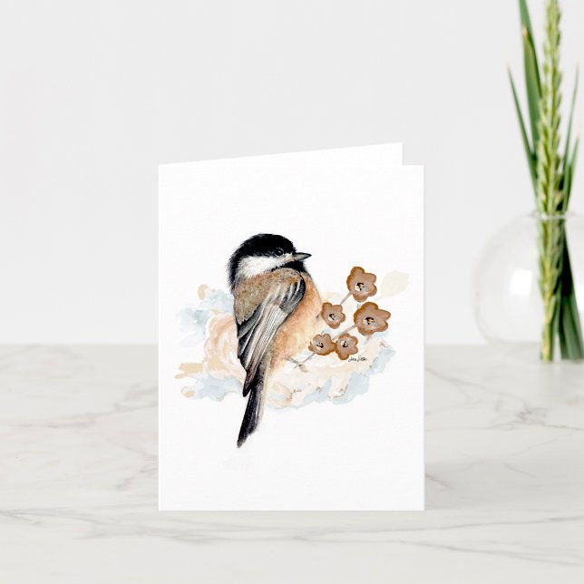 Tarjeta de nota de acuarela de carbonero (Chickadee watercolor note card by Jenn Steffen Art)