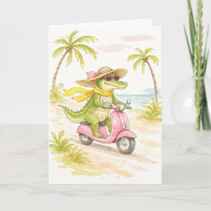 Tarjeta de nota de acuarela de cocodrilo de playa