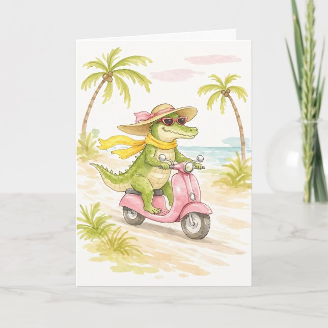 Tarjeta de nota de acuarela de cocodrilo de playa (Anverso)