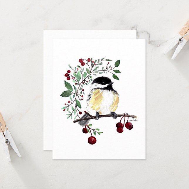 Tarjeta de nota de acuarela encantadora de carbone (Cute chickadee watercolor berries blank note cards from Jenn Steffen Art)