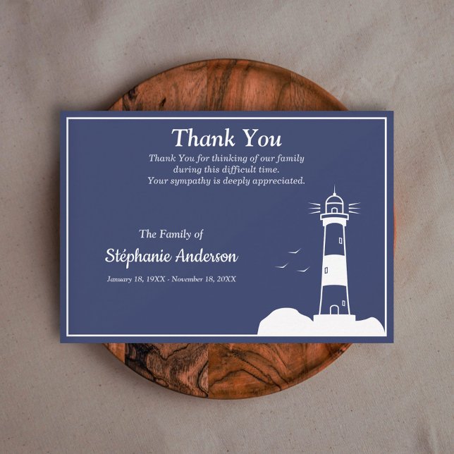 Tarjeta de nota de agradecimiento a la Marina Azul (Lighthouse Navy Blue Funeral Thank You Note Card)