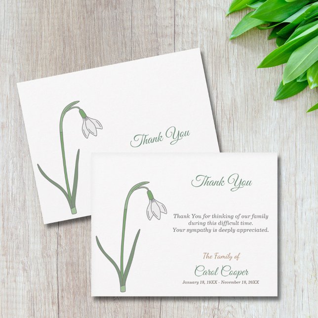 Tarjeta de nota de agradecimiento a Pastel Snowdro (Pastel Snowdrop Funeral Thank You Note Card)
