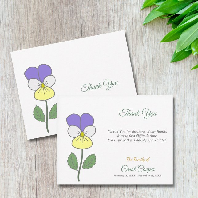 Tarjeta de nota de agradecimiento a Pastel Wild Pa (Pastel Wild Pansy Funeral Thank You Note Card)