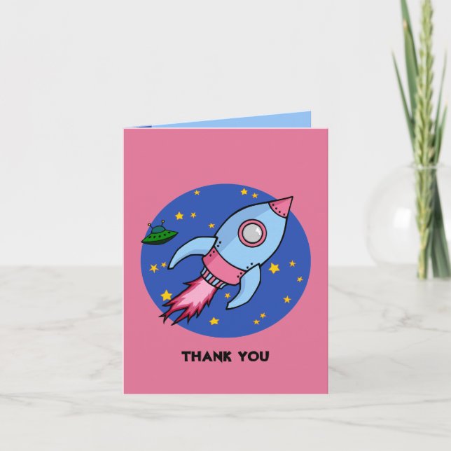 Tarjeta de nota de agradecimiento azul rosa cohete (Anverso)