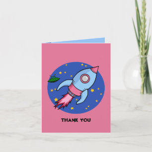 Tarjeta de nota de agradecimiento azul rosa cohete