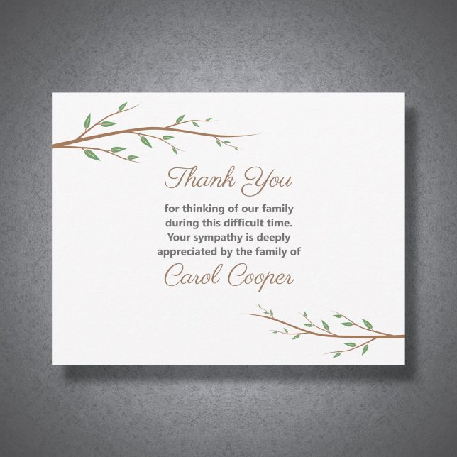 Tarjeta de nota de agradecimiento de Funeral de Br (Branch Tree Sober Funeral Thank You Note Card)