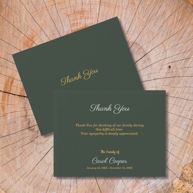 Tarjeta de nota de agradecimiento de Funeral Verde (Gold & Forest Green Funeral Thank You Note Card)