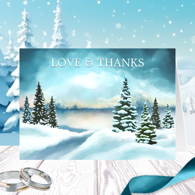 Tarjeta de Nota de agradecimiento para fotos de la (Photo Wedding Thank You note card featuring a watercolor painting of a winter wonderland scene)