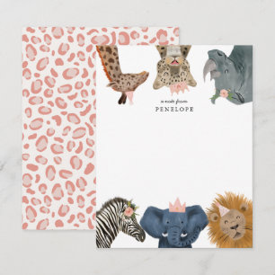 Tarjeta de nota de animales de safari lindos para