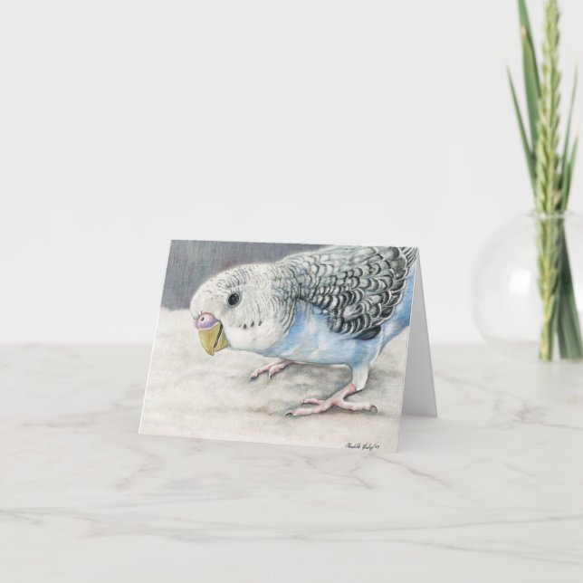 Tarjeta de nota de arte Blue Budgie Parakeet (Anverso)