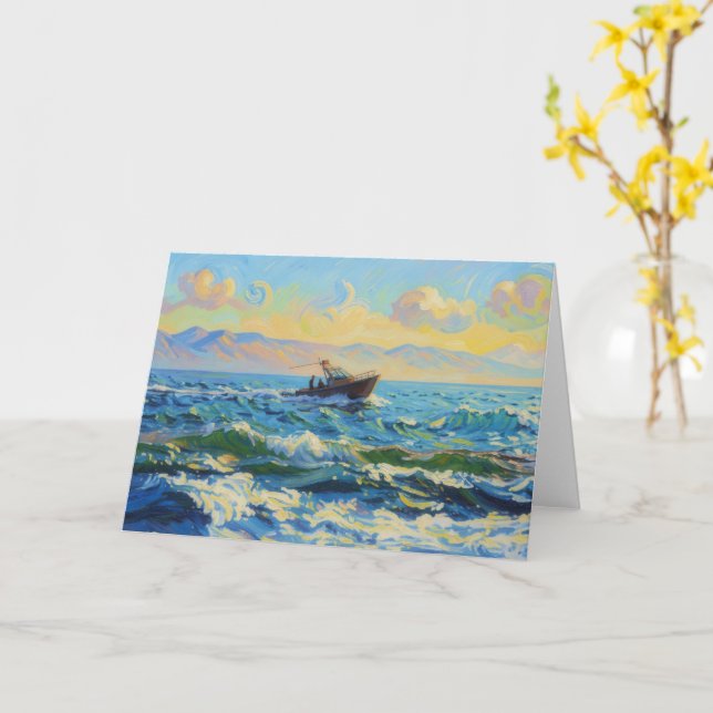 Tarjeta de nota de arte de barco en el océano (flor amarilla)