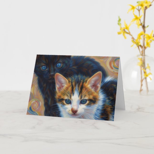 Tarjeta de nota de arte de dos gatitos (flor amarilla)