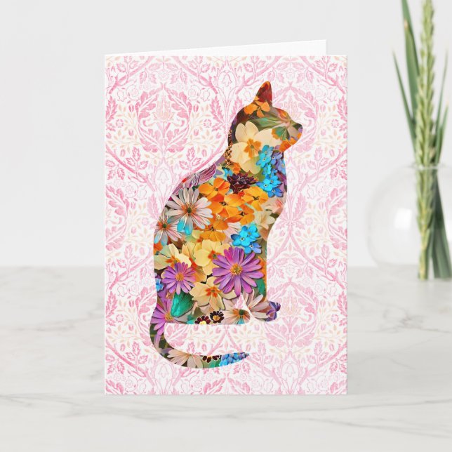 Tarjeta de nota de arte de gato floral estilo vint (Anverso)