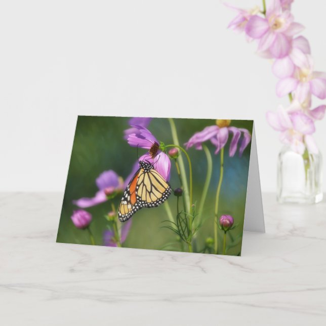 Tarjeta de nota de arte de mariposa monarca en flo (Orquídea)