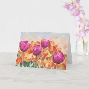Tarjeta de nota de arte floral de tulipanes púrpur