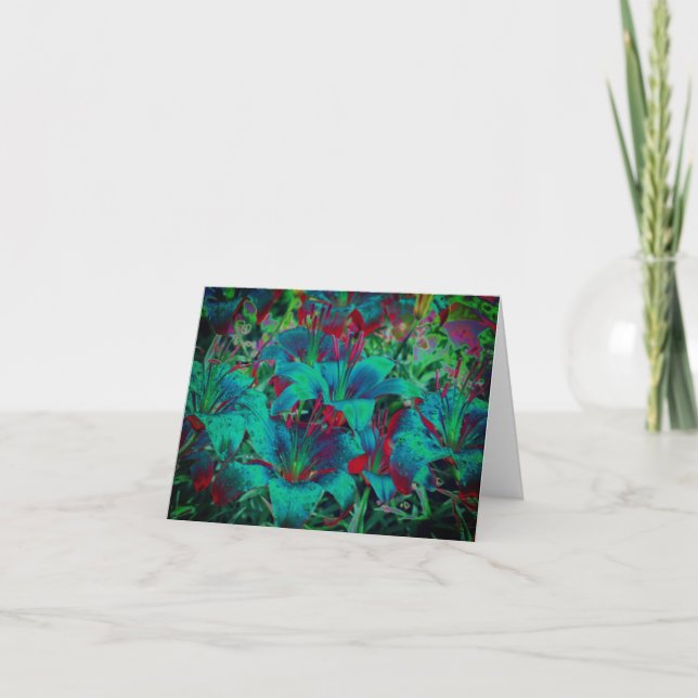 Tarjeta de nota de arte floral Vivid Blue Lilies (Anverso)