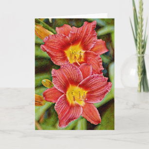 Tarjeta de nota de arte Twin Red Lily Flowers