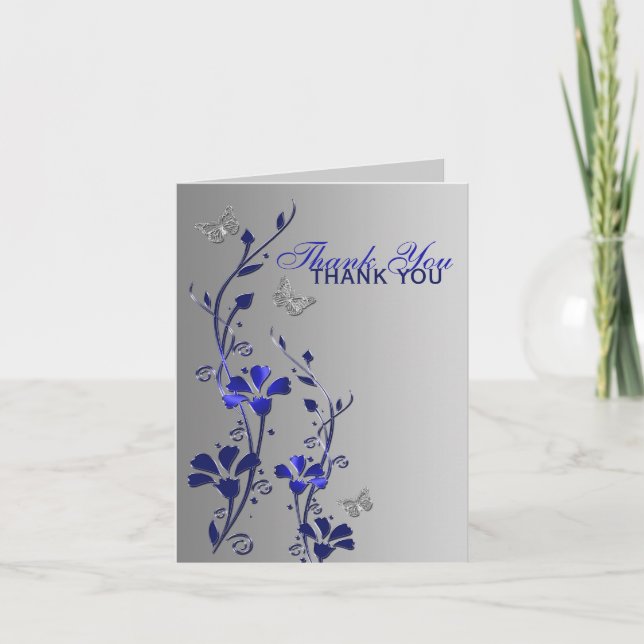 Tarjeta de nota de Blue Silver Butterfly Floral (Anverso)