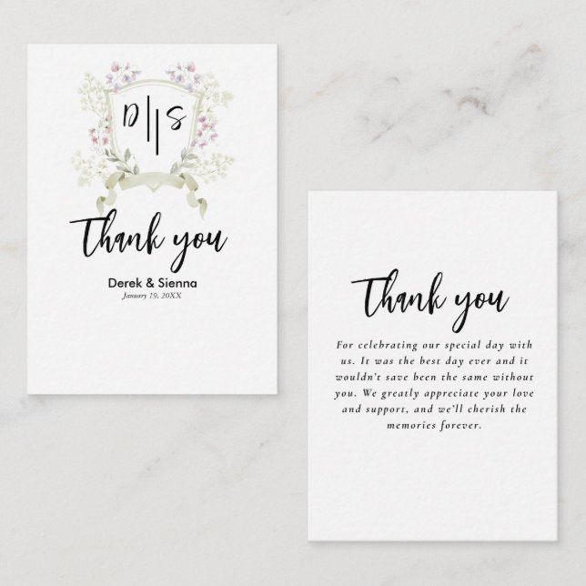 Tarjeta de nota de boda con cresta de monograma de (Anverso / Reverso)