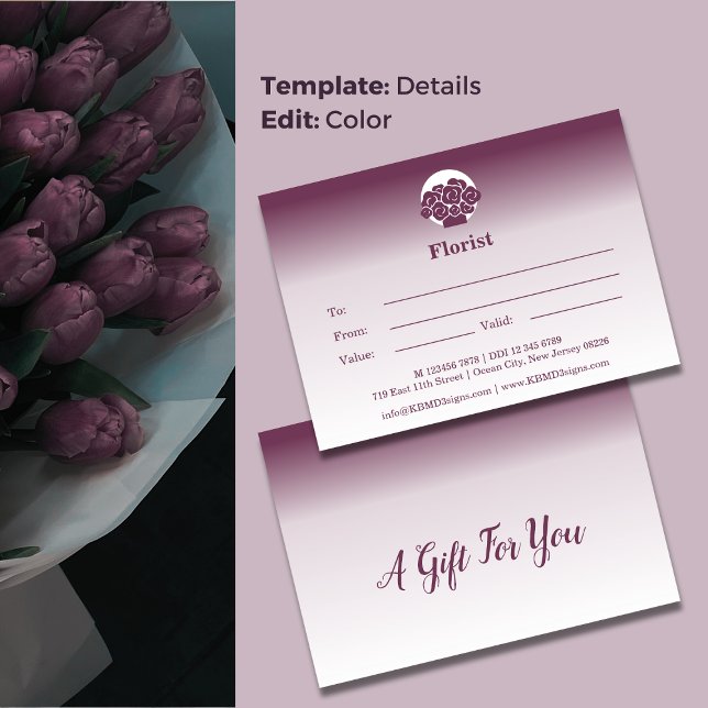 Tarjeta de nota de certificado de regalo morado y  (💝Custom Purple & White Gift Certificate Note Card, Florist Shop Branding)