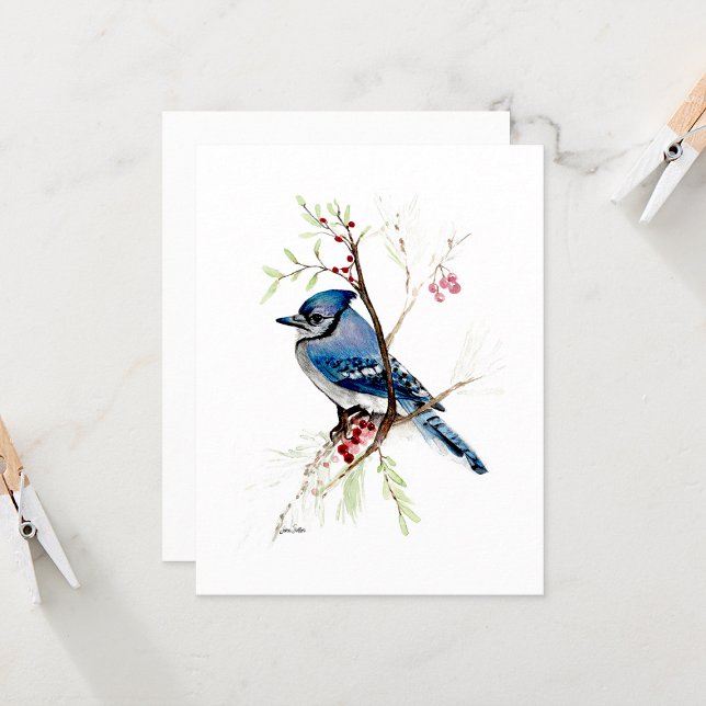 Tarjeta de nota de color azul Jay Beautiful Waterc (Blue Jay Beautiufl Watercolor Note Card by Jenn Steffen Art)