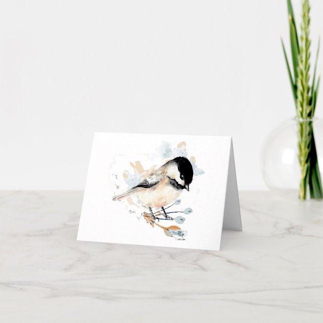 Tarjeta de nota de color de agua de pollo (Chickadee watercolor note card by Jenn Steffen Art)