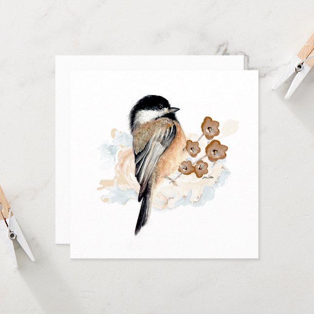 Tarjeta de nota de color de agua de pollo (Beautiful chickadee watercolor blank note card by Jenn Steffen Art)
