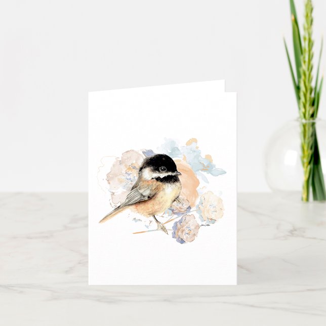 Tarjeta de nota de color de agua de pollo (Chickadee Watercolor Note Card by Jenn Steffen Art)
